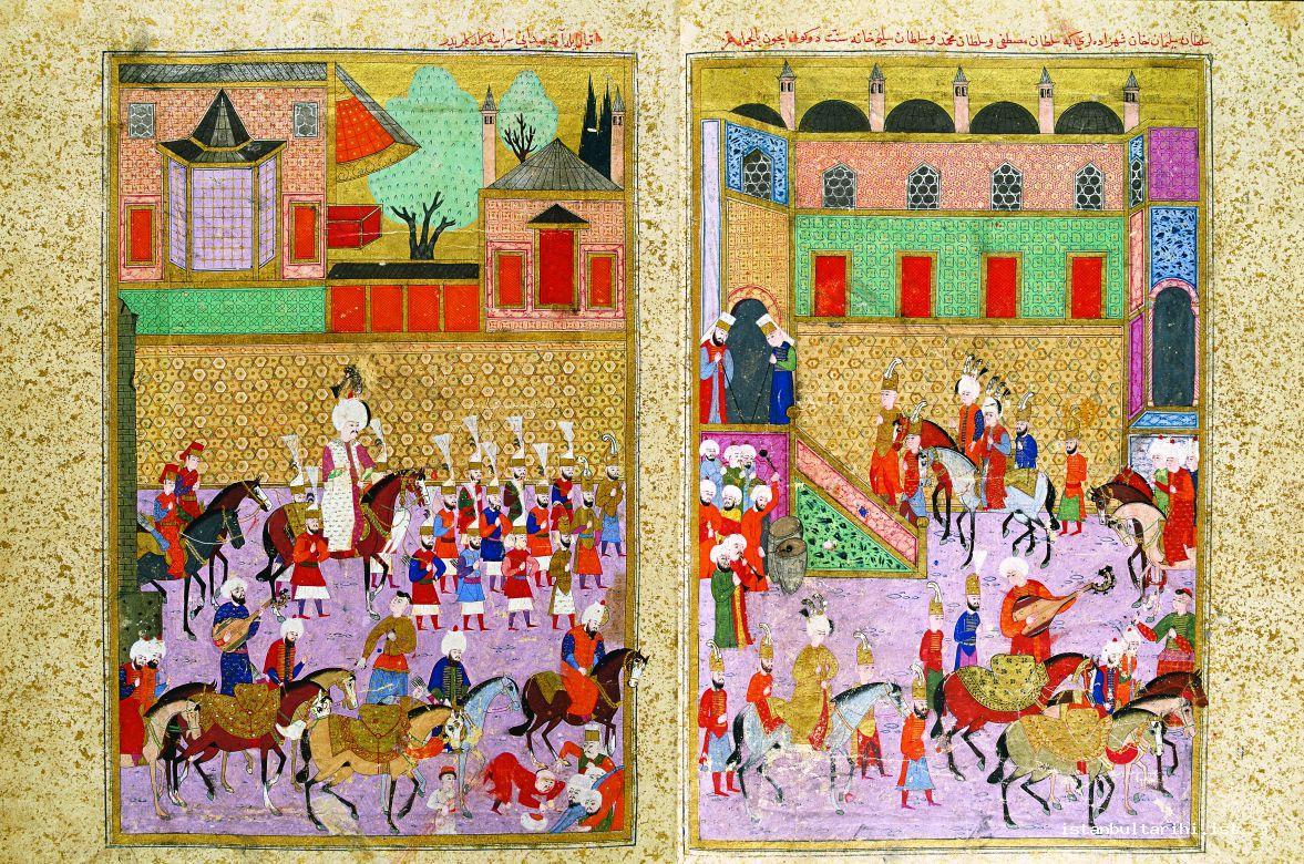 22- Kanunî Sultan Süleyman’ın, şehzadeleri Mustafa, Mehmed ve Selim’in sünnet düğünü için Atmeydanı’ndaki saraya gelmesi (Hünernâme)