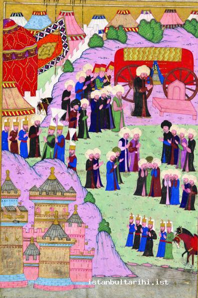 30- Zigetvar kalesi önünde vefat eden Kanunî Sultan Süleyman’ın cenazesinin Belgrat’a geldikten sonra ölümünün ilanı ve ordugahta yapılan dua (Hünernâme)