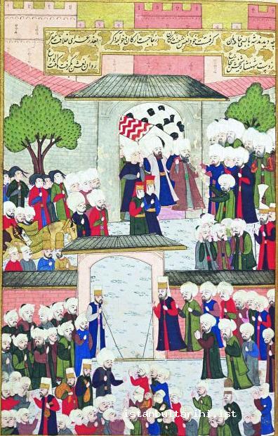 32- 1587’de vefat eden Valide Nurbanu Sultan’ın cenazesinin Topkapı Sarayı’ndan çıkartılması (Lokman, <em>Şehinşâhnâme</em>)