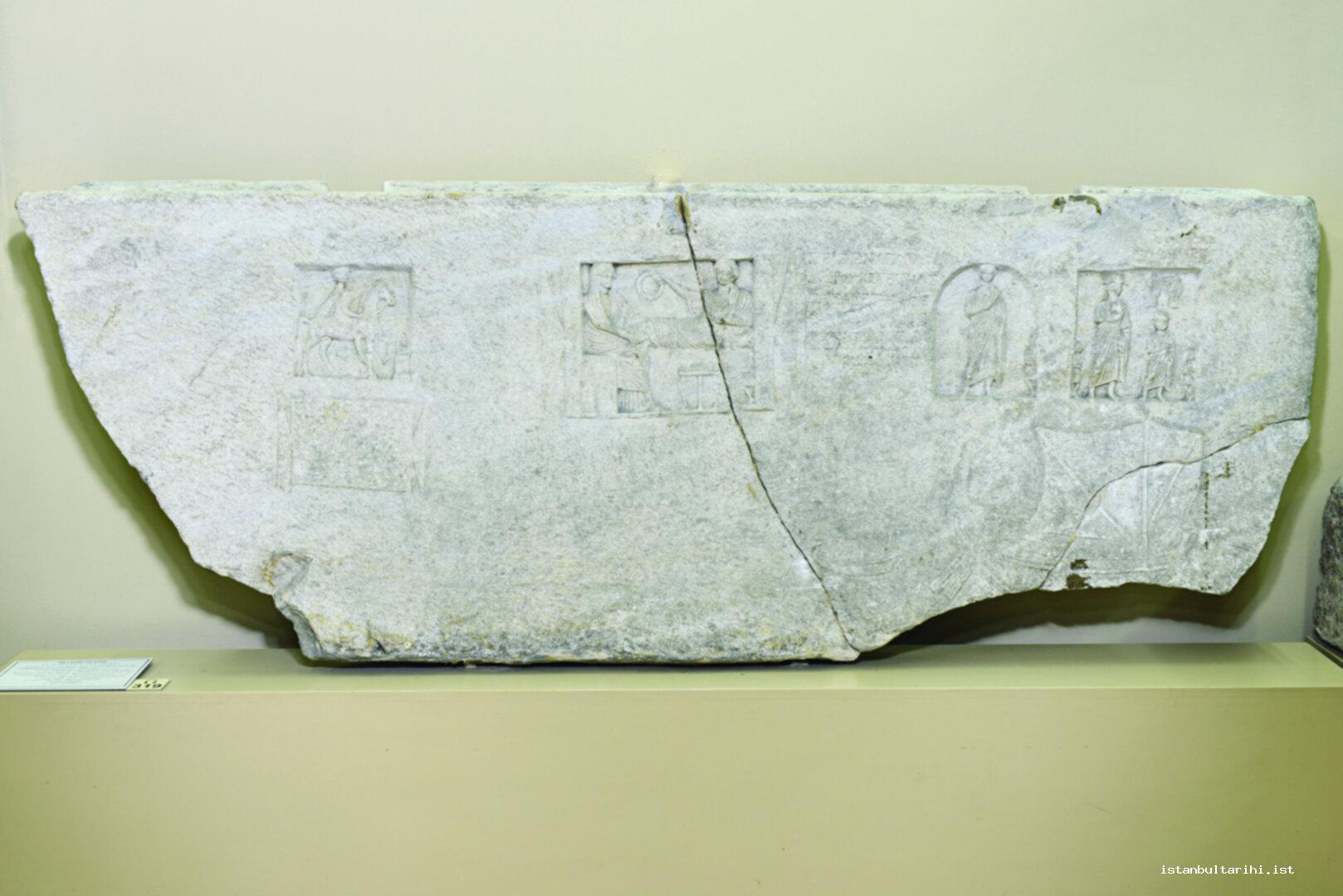 2- The piece of a third century sarcophagus found in Çemberlitaş excavations. The first relief depicts a horseman; the second one depicts a funeral ceremony; the third relief with a curve at its upper side depicts a dressed standing man from the front; the last one depicts a man and a child (Istanbul Archeology Museum)
