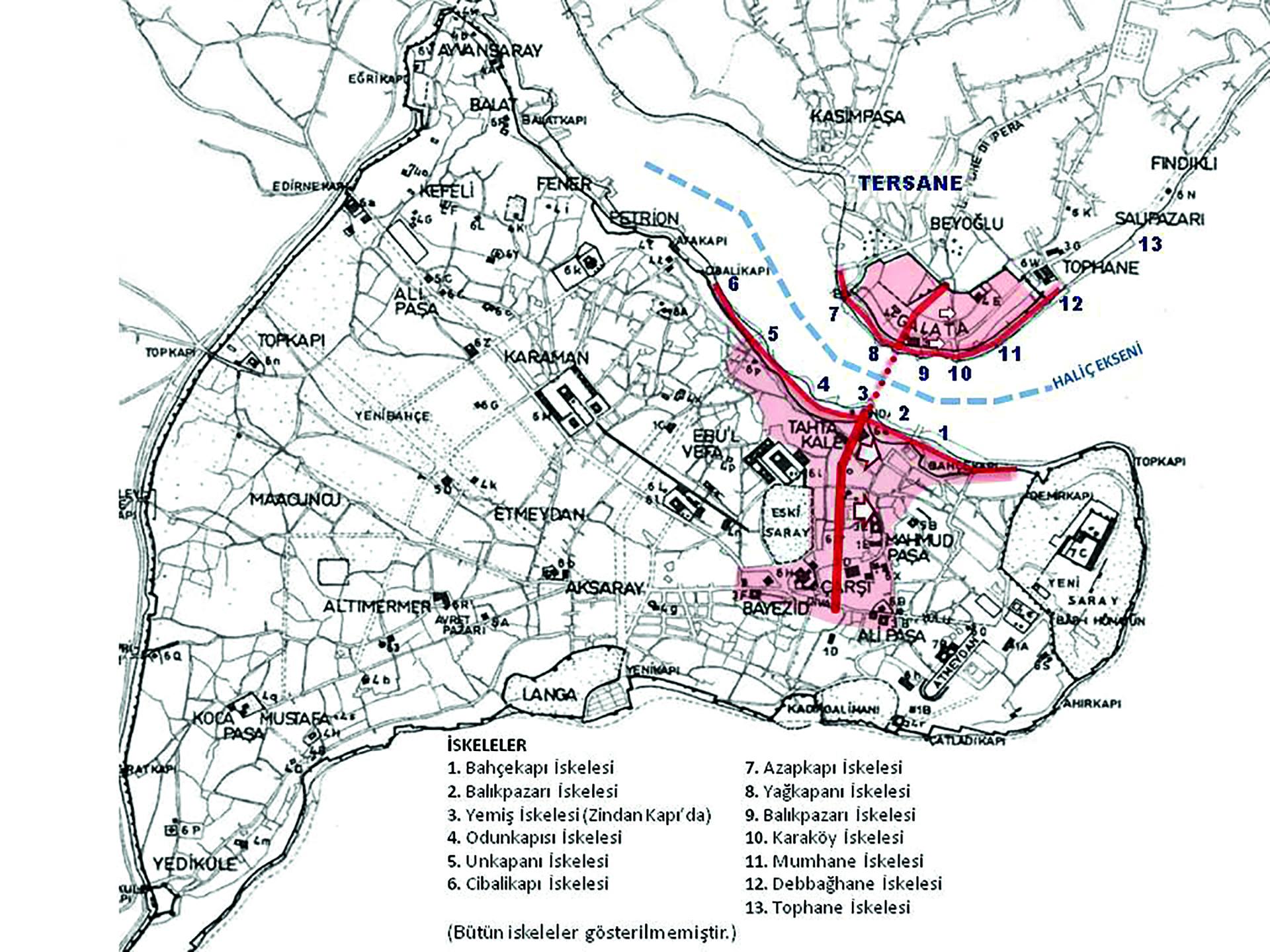 5- Osmanlı İstanbul’unun XVII. yüzyıl sonuna kadar etkinliğini sürdüren ticaret ekseni.*<br> * Ticaret ekseni XVII. yüzyılın ikinci yarısında batıya doğru kaymaya başlar. (Kaynak: Müller-Wiener’in XV. yüzyıl İstanbul’unu betimlediği haritası kullanılarak yazar tarafından hazırlanmıştır)