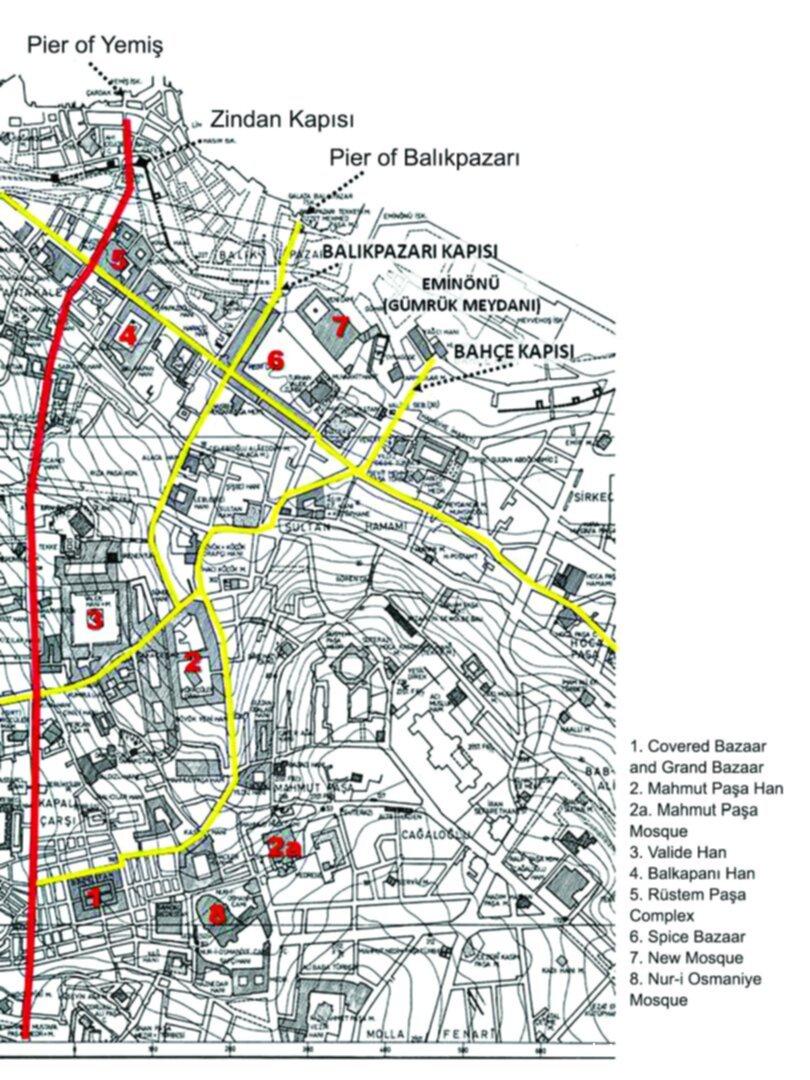 6- The vicinity of the Grand Bazaar, Uzunçarşı, and Mahmud Paşa Commercial Building. (Source: Müller-Wiener, <em>Istanbul’s Historical Topography</em>, p. 342. The main axes in the trade area are indicated by the author.)