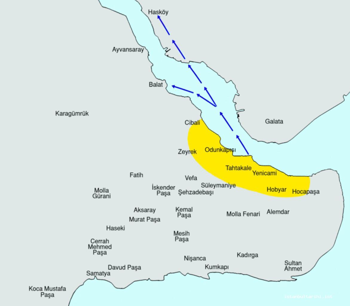 2- 1660 yangını sonrasında Yahudilerin göç ve yerleşim alanları (Harita: Oğuz Kallek)