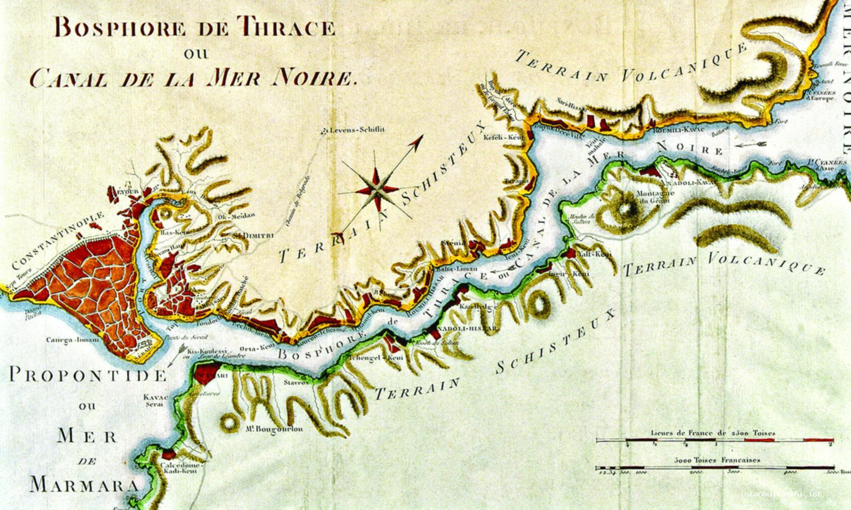 20- The map showing the terrain features of Bosporus from Guillaume Antoine Oliver’s <em>Atlas pour server au Voyage dans l’Empire Othoman</em> (Paris 1801)