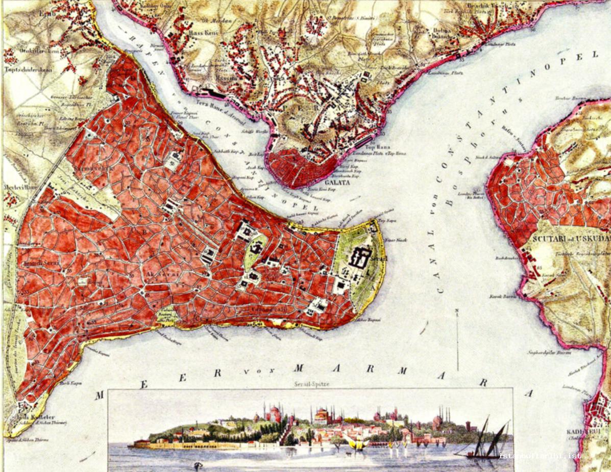 23- Hacq, map of Istanbul with a panoramic view, 1850, steel print