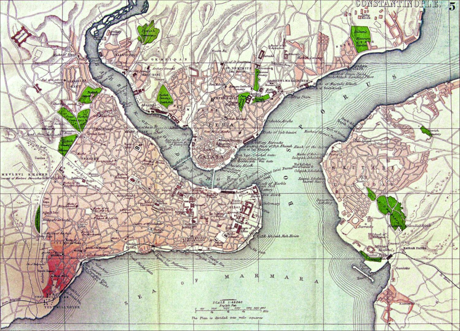 25- Bradshaw, map of Istanbul in railway guide, 1890, lithograph