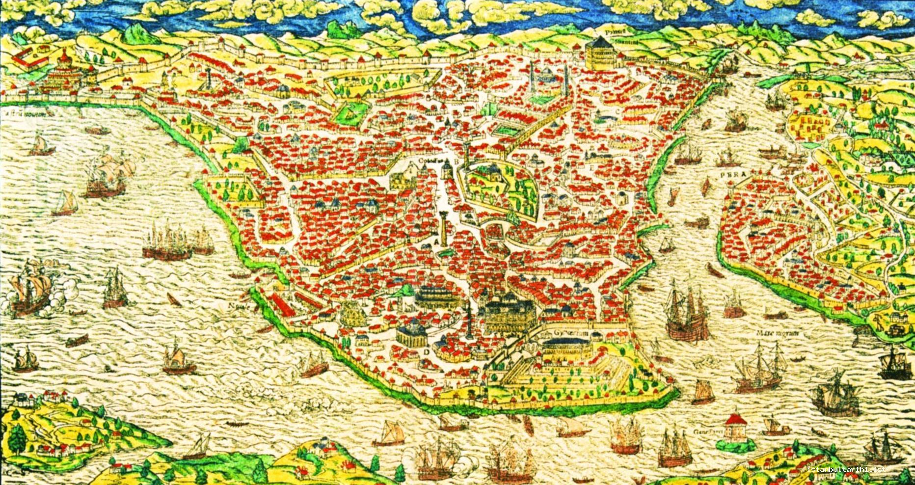 4- Sebastian Münster, an Overview of Istanbul, 1544, wood print