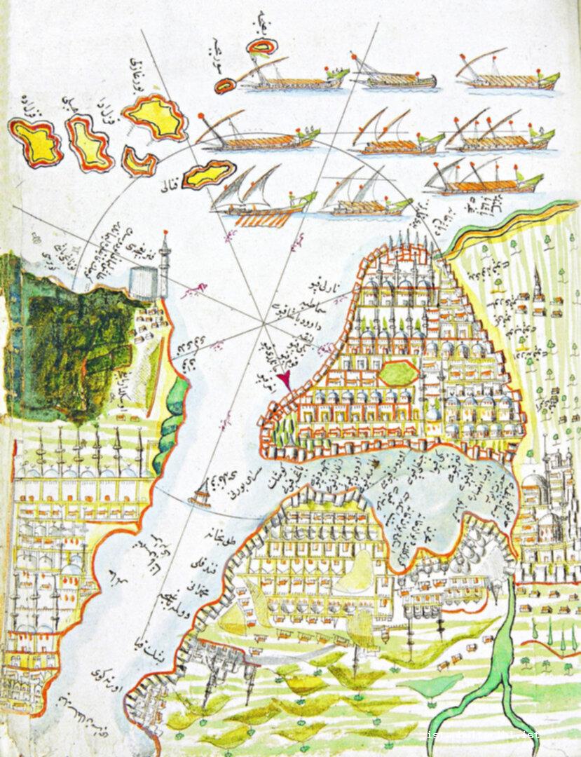 31- The schema showing Galata and inside the walls from Fenerbahçe to Ortaköy, Marmara Sea, two banks of Bosporus, Üsküdar, two shores of the Golden Horn, the names  of the districts, historical gates of Istanbul, and the islands (Piri Reis)