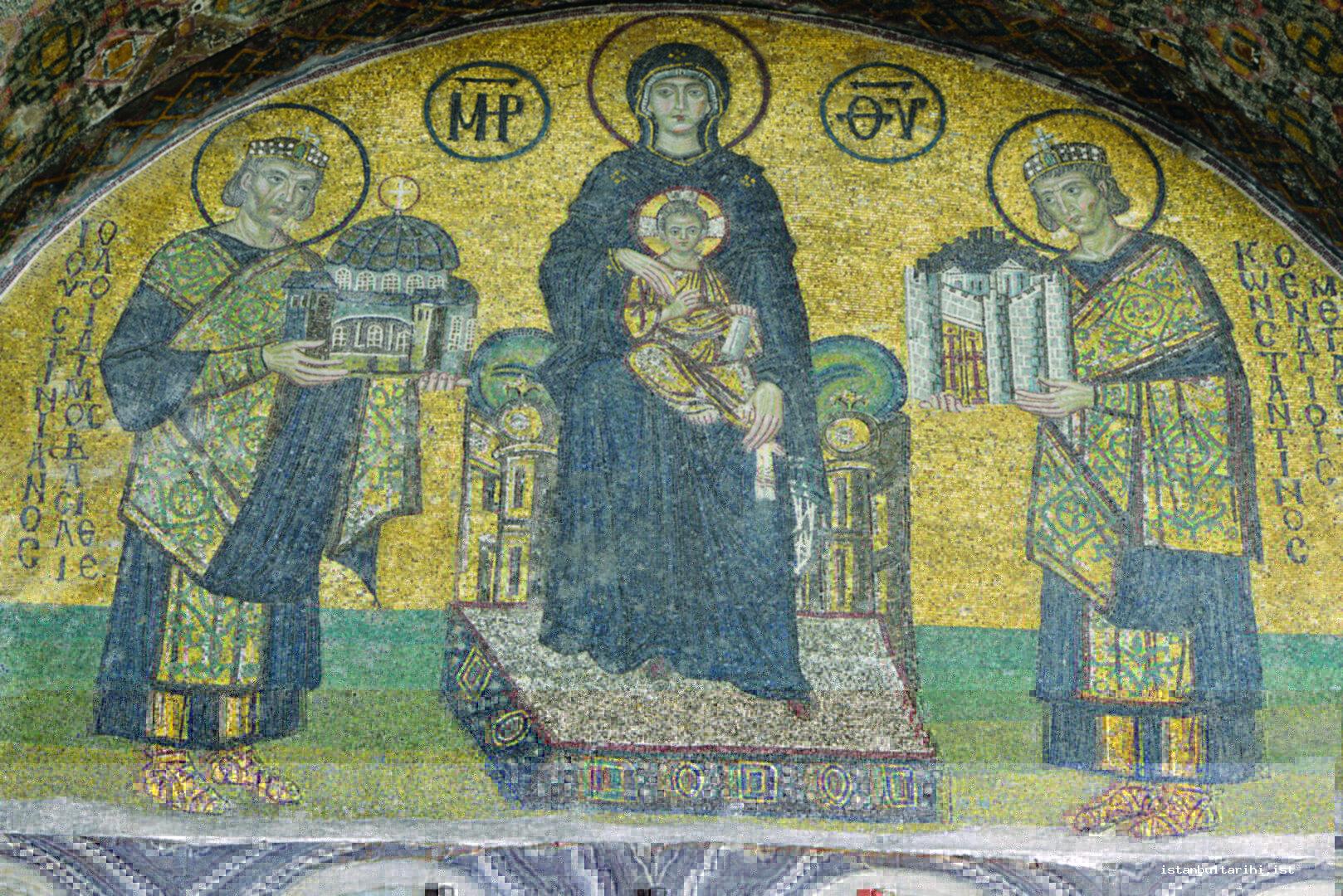 4- The depiction of Emperor Constantine’s, the founder of Constantinople,
        presentation of the city model and Lustinianos’ presentation of Hagia Sophia to
        Mary (Ayasofya)