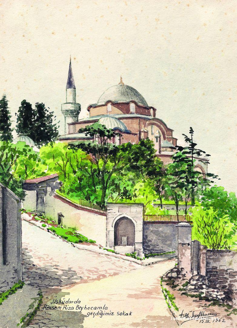 2- A. Süheyl Ünver would not keep his small box of water color paints and brushes
    away from him. He would make the paintings of the historical places and the
    characteristic landscapes of Istanbul and add informative notes on them. In this
    painting, he recorded Greek Mehmet Paşa Mosque in Üksüdar, its neighborhood,
    and the state of road in 1962 where he passed frequently with Painter Hoca Ali
    Rıza. “Üsküdar’da Ressam Rıza Bey Hocamla geçtiğimiz sokak (The Road that we
    passed together with my teacher Painter Rıza Bey in Üsküdar).”
