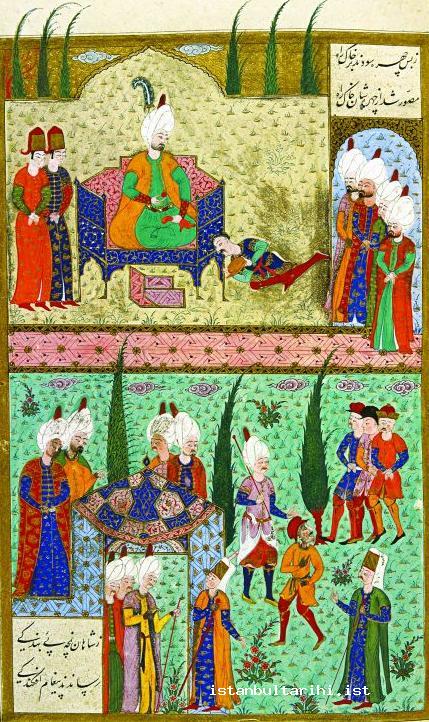 1- Sultan Süleyman I’s admission of Austrian envoy to his presence (Arifi, <em>Süleymanname</em>)