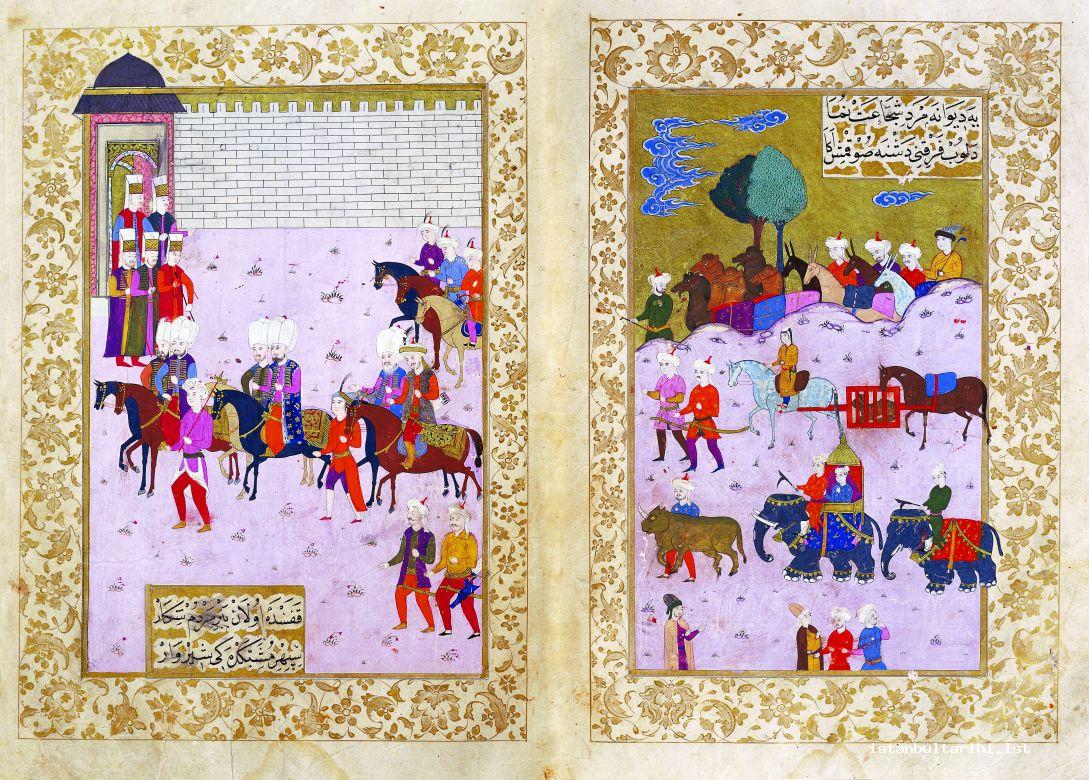13- The Iranian envoy’s admission to the Sultan’s presence with various gifts like lion,rhino, and elephant (Nadiri, <em>Şehname</em>)