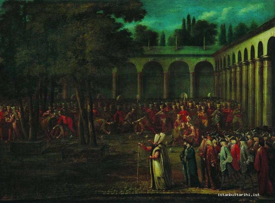 14- Ambassador Cornelis Calkoen’s passage through Topkapı Palace second yard during a banquet (çanak yağması) given to the janissaries (Vanmour, Pera Museum)