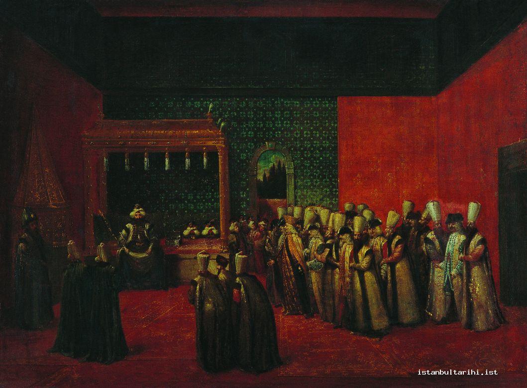 15- Sultan Ahmed III’s acceptance of Ambassador Calkoen in Topkapı Palace admission hall (Vanmour)