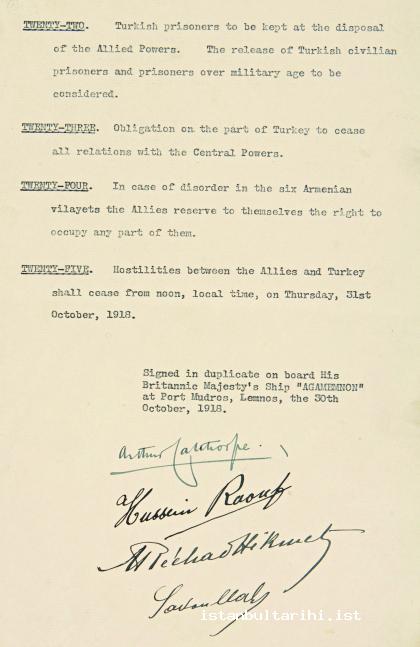 9- Mondros Armistice Agreement’s articles about Istanbul (BOA MHD, no. 460/207) B