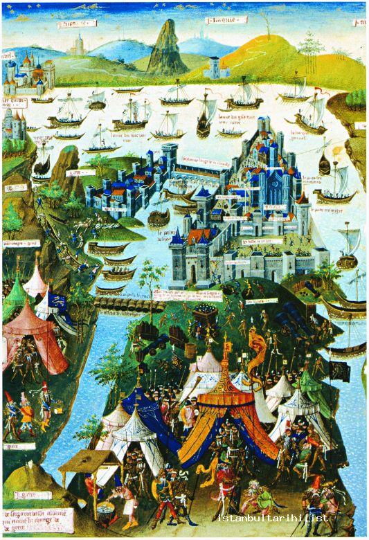 16- A drawing depicting the siege of Istanbul and moving the ships over the land (Broquiere)