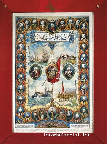 41 “Selatin-i Âli Osman (Sultans of the family of Osman)”: Ottoman sultans from Osman I up to Mehmed V (Mehmed Reşad)
(In the middle of the picture), on his right Sultan Mehmed II, the Conqueror and on his left Sultan Selim I, (Topkapı Palace Museum)”