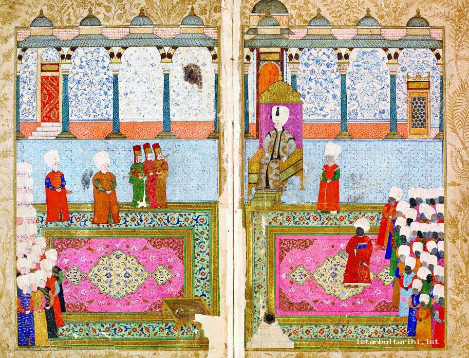 5- Sultan Osman (Young) II’s meeting with the heads of the servants (haremağası) in Topkapı Palace (<em>Tercüme-i Şehname</em>)