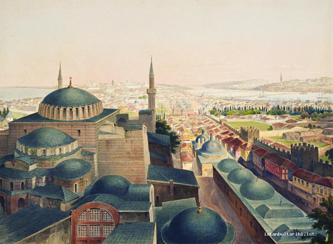 3- Ayasofya and Istanbul. Galata and the two sides of the Golden Horn. Alay mansion at the far end of the walls and Sublime Porte beyond it. 3- Ayasofya and Istanbul. Galata and the two sides of the Golden Horn. Alay mansionThe group of buildings lie in alignment of the minarets of Ayasofya Mosque. (Fossati)