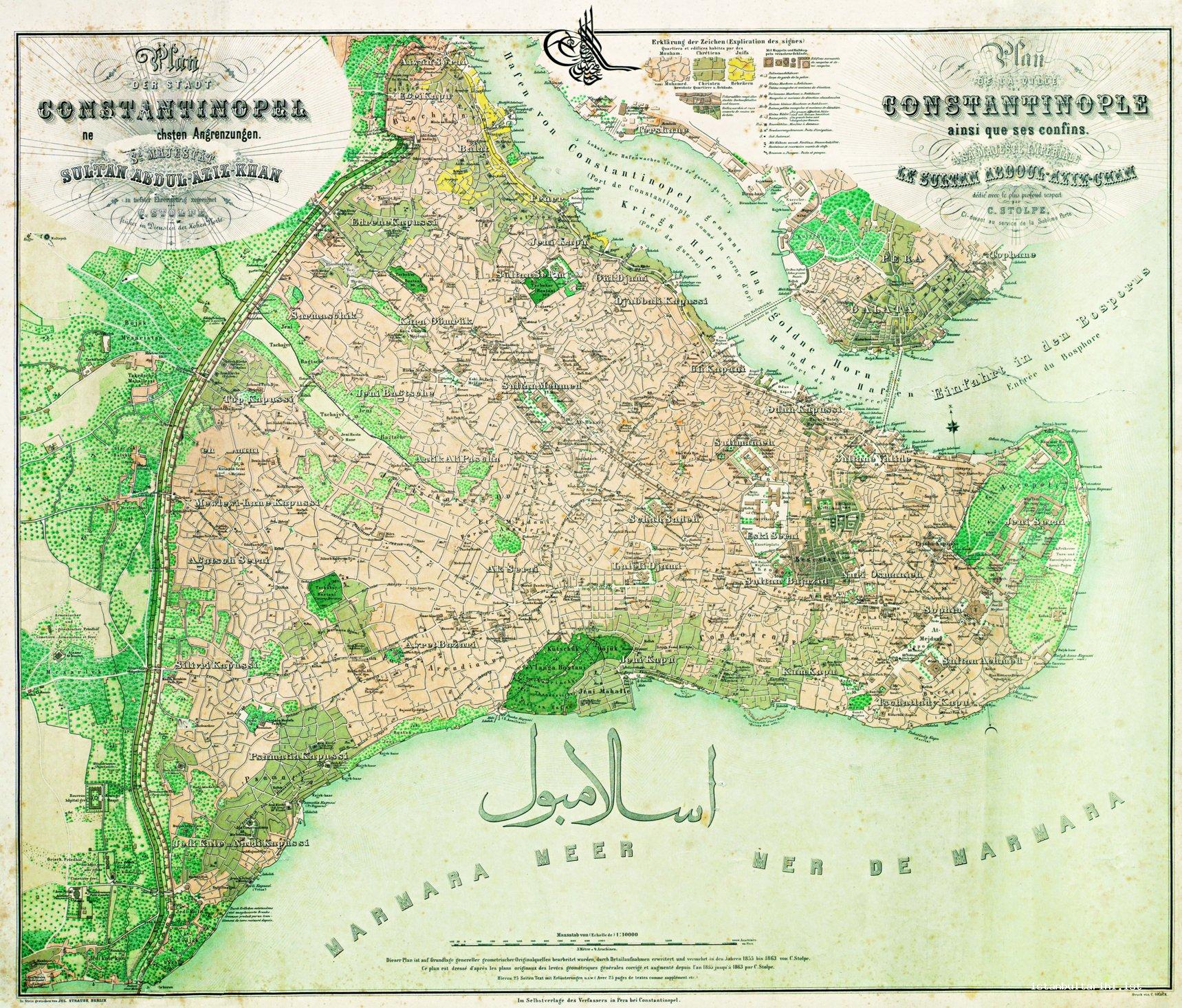 1a- 1863 tarihli, Müslüman, Hristiyan ve Yahudilerin nüfus yoğunluğu olduğu
yerleri gösteren İstanbul (Islambol) haritası
(İÜK, Nadir Eserler Ktp. Haritalar Bölümü)