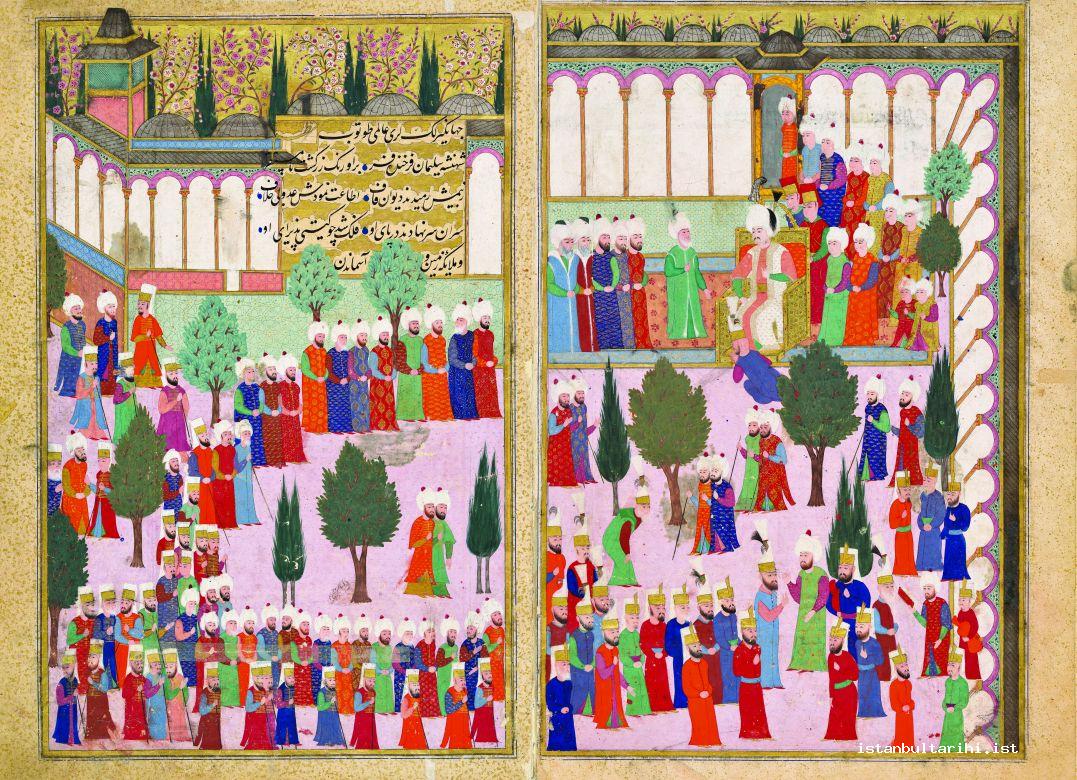 4- Sultan Süleyman I’s ceremony of accession to the throne (<em>Hünername</em>)