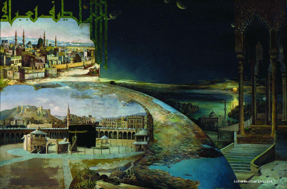 12- Istanbul, Mecca, Medina: In this painting drawn by Mehmed Ali Efendi in 1905 and given to his father-in-law Şeyhülislam Mustafa Sabri Efendi as a gift during the period
    of Sultan Abdülhamid, the sultan’s understanding of service and the perception of Sacred places is reflected. The painting also tells the Ottomans’ perception of universe
    and view to the world. The Ka’bah (Mecca) placed at the center of the universe and the Prophet’s Mosque (Medina) accompanying it. Behind them Yıldız / Hamidiye
    Mosque and Istanbul. On their right side, there are the columns of Yıldız Palace / Center of the caliphate with a small Qur’an reading desk underneath them.
    