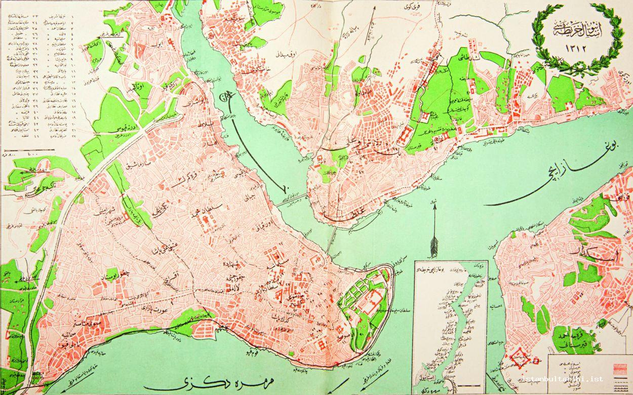 2- The schema of Istanbul
	dated 1895 (Malumat):
	On the left upper corner of the
	map, there are the names of the
	buildings numbered on the map:
	1. Hırka-i Şerif<br>2. Ayasofya Mosque,
	3. Sultanahmet Mosque<br>4. Valide
	Mosque<br>5. Süleymaniye Mosque,
	6. Sultanbayezid Mosque,
	7. Şehzade Mosque<br>8. Sultan Selşm
	Mosque<br>9. Cerrahpaşa Mosque,
	10. Nur-i Osmaniye Mosque<br>11.
	Babıali Mosque<br>12. Bab-ı Valay-ı
	Meşihatpenahi (the office of
	Şeyhülislam)<br>13. Bab-ı Seraskeri
	(Office of the Minister of War),
	14. Courthouse<br>awqaf (religious
	foundations)<br>storage<br>Accounting,
	15. Ministry of Finance<br>16. Ministries
	of Commerce and Public Works<br>17.
	Ministry of Education 18. Defter-i
	Hakani (main register of revenues
	of the Ottoman Empire)<br>19. Bab-ı
	Zabtiye ve Şehremaneti (Ministry
	of Public Security and Prefecture),
	20. Imperial post Office<br>21.
	Ministry of Telegraph<br>22. Imperial
	Mint<br>23. Military Guesthouse<br>24.
	Civil Service Pension Fund<br>25.
	Mekteb-i Mülkiye-i Şahane (School
	for civil servants)<br>26. Mekteb-i
	Hukuk-u Şahane (Law school)<br>27.
	Mekteb-i Sultani (Former name
	of Galatasaray High School)<br>28.
	Management of Public Debts<br>29.
	Ottoman Banks<br>30. Sixth office of
	Municipality<br>31. Barracks of artillery
	and fire deparment<br>32. Malumat
	Printing House<br>33. Binbirdirek,
	34. Bimarhane (Hospital),
	35. Public Prison<br>36. Lighthouse
	Board<br>37. Çemberlitaş (the Column
	of Constantine)<br>38. Valide Han,
	39. British Embassy<br>40. French
	Embassy<br>41. German Embassy,
	42. Armenian Catholic Hospital,
	43. Istanbul Castle<br>44. Galata
	Castle<br>
	The map shows the names of the
	residential places in the section of
	Bosporus between Istanbul and
	Üsküdar. In the right below corner
	of the map<br>there are the names
	of the district in accordance with
	the religious affiliation and the
	explanations of the signs of some
	transportation lines.
	
