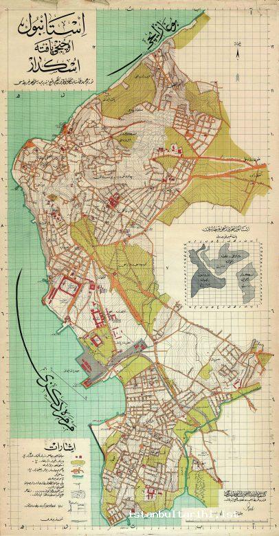 26- The schema of Üsküdar “Drawn up and published by Republic of Turkey Istanbul Prefecture.” In this schema, government offices, mosques, tombs, schools,
hospitals, parks and gardens, cemeteries, streets and roads, and tramway line in
Üsküdar are shown. (Istanbul Metropolitan Municipality, Atatürk Library)

