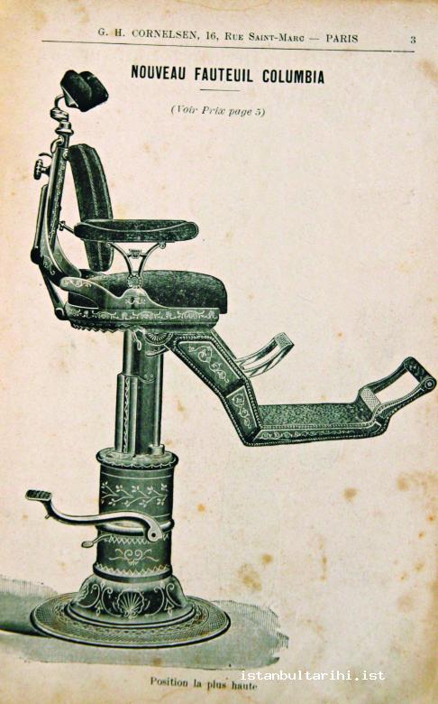 3- XIX. yüzyıl sonlarında Galata’daki Maurice Faraci Mağazası’nda satılan bir dişçi sandalyesi (<em>Catalogue Dentaire de G. H. Cornelsen</em>, Paris 1895)