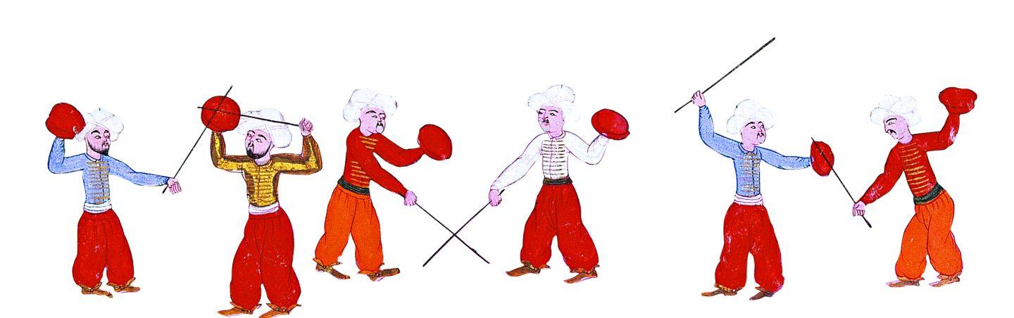 14a-b- The masters of matrak demonstrating their skills in the festivities of 1582 (İntizami)