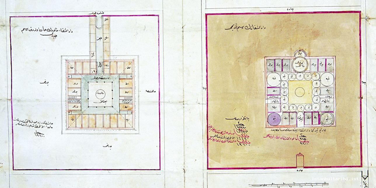 1- The schema of Fatih hospital drawn in 1824 (right). The schema of the hospital drawn to turn it into a large commercial building (left) (BOA HH, no. 545/26941-C)
