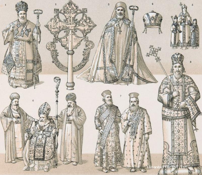 7- The attires of the clergy of Byzantium (<em>Le Costume Historique</em>, III)