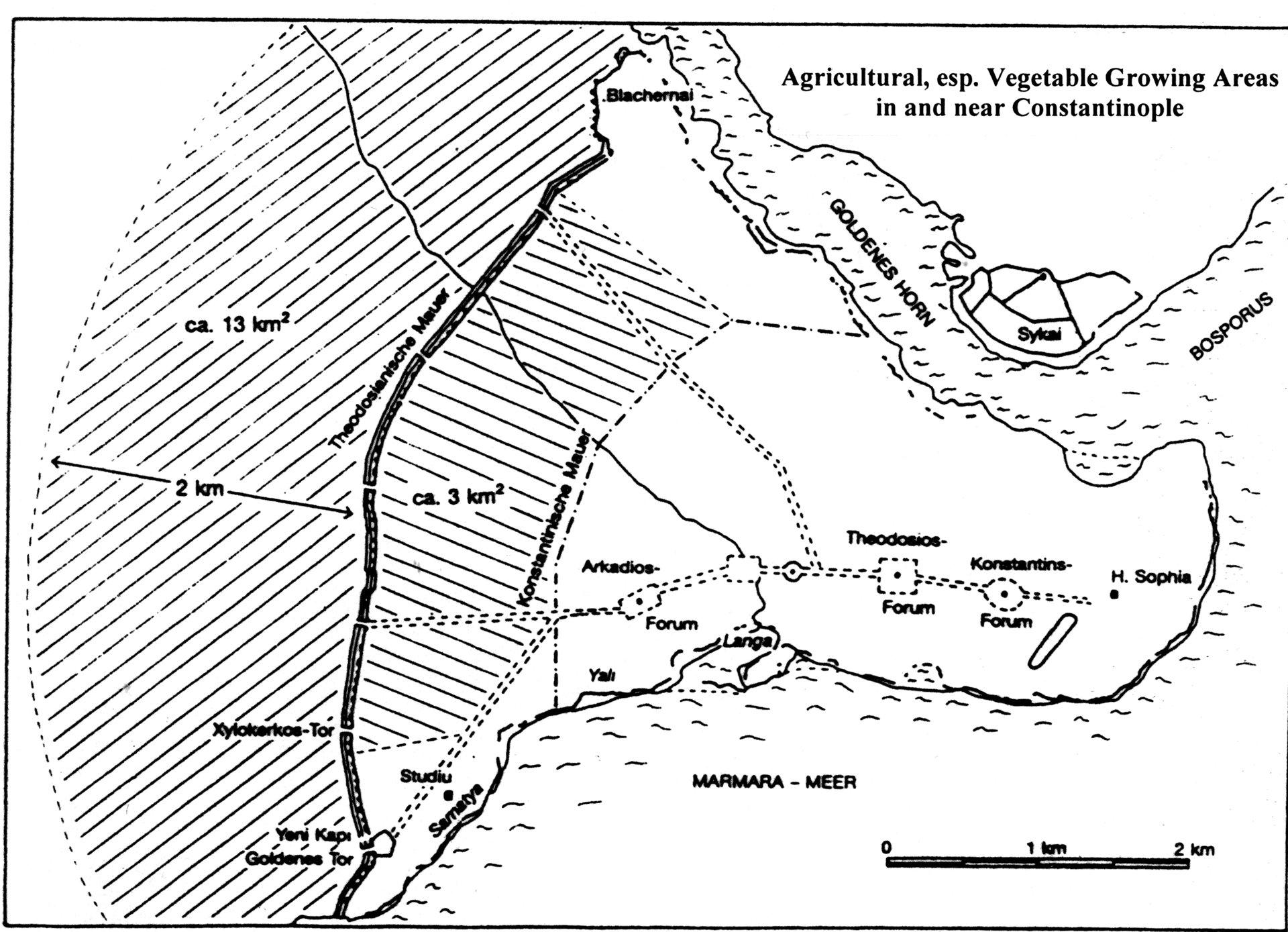 Figure 1 The agricultural areas, especially the ones doing vegetable farming, in and around Constantinople