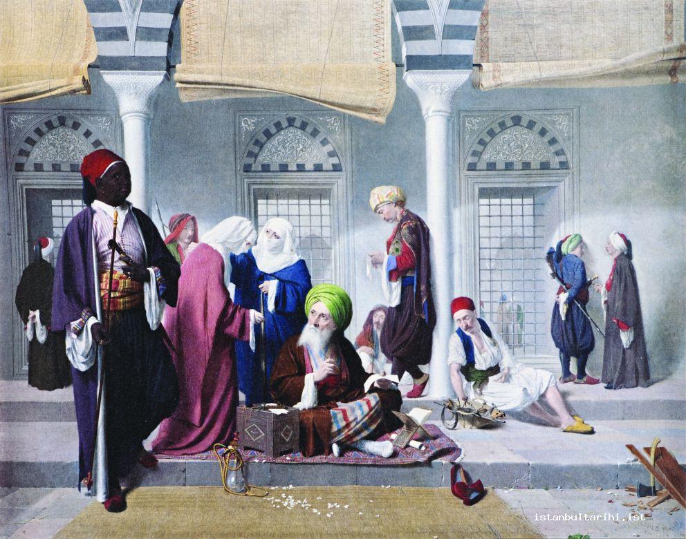 6- A man writing petitions (arzuhalci) and residents of Istanbul in the yard of a mosque (Walter Gold, Doha, Orientalist Museum)