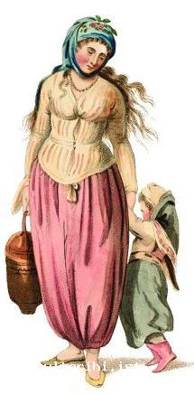 5a- A Greek woman and her child (on the left) (Miller) a Greek man of the cloth (on the right) (<em>Costumes l’Empire Turc</em>, 1821)