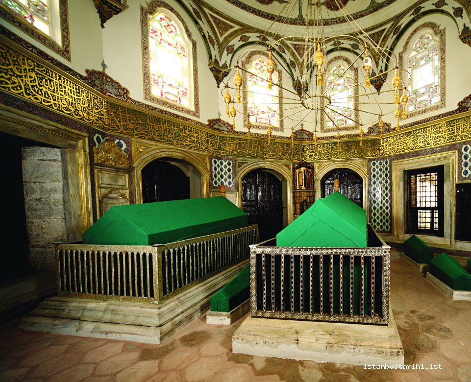 3- The tombs of Mustafa III and Selim III where Sahih al-Bukhari used to be read on Tuesdays and Fridays. Qadam al-Sharif (the footprint of the Prophet Muhammad) is found in the cupboard at the head of the sarcophaguses.