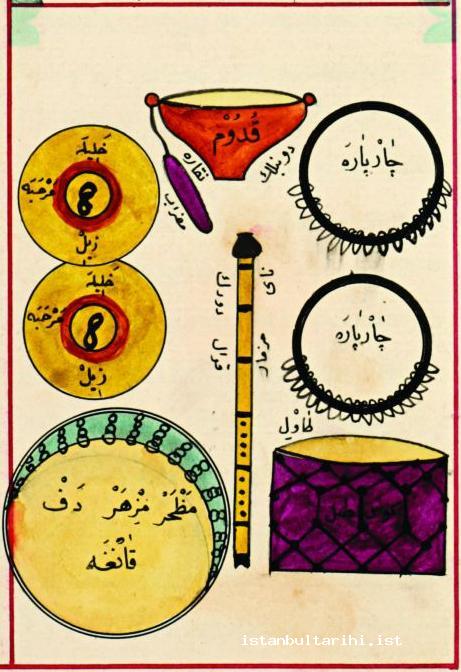 4- The music instruments used by Sufi orders: on the right (up to down) çarpare-çarpare, drum, kettledrum, tabl. In the middle kudum-dünbelek-nakkare-mızrab, reed, kaval, düdük, mizmar. On the left largish cymbals, merhabe, bell, tambourine, lute, mazhar, kanga (<em>Mecmua</em>)