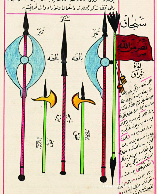 9- From the clothes and accessories of a dervish: (from right to left) teber (hatchet),ax-armrest-hatchet, bayonet-halberd-spear, ax-armrest-hatchet, flag (<em>Mecmua</em>)