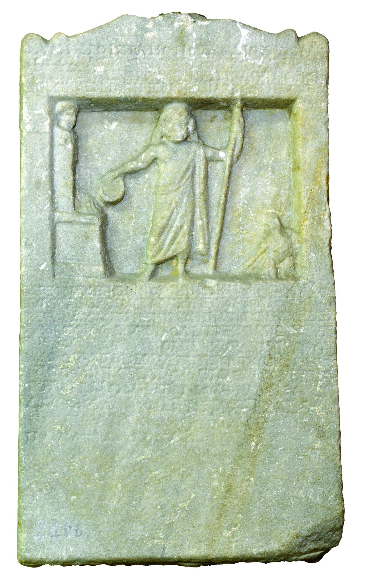 2- The stela which was offered to Zeus Dorios. It states “As Hieronymus of Zeus Serapis, Lukios Molios Tertios offered this stela to Zeus Dorios for the peasants by paying it out of their pocket” (Marble, Edirnekapı, Late Hellenistic period, 2<sup>nd</sup> – 1<sup>st</sup> centuries BCE) Istanbul Archeology Museum)