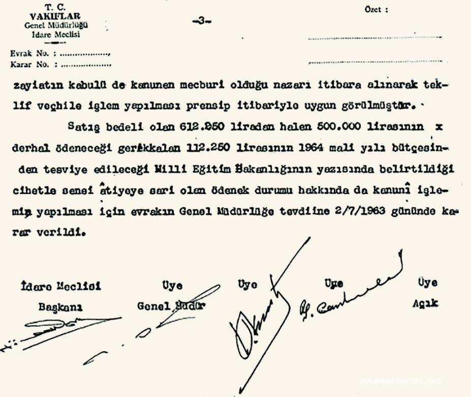 Document 13 (2)- The decision of administrative board of the Directorate General of Foundations about the sale of some real estate for the construction of the buildings of High Institute of Islamic Studies in Üsküdar Bağlarbaşı
