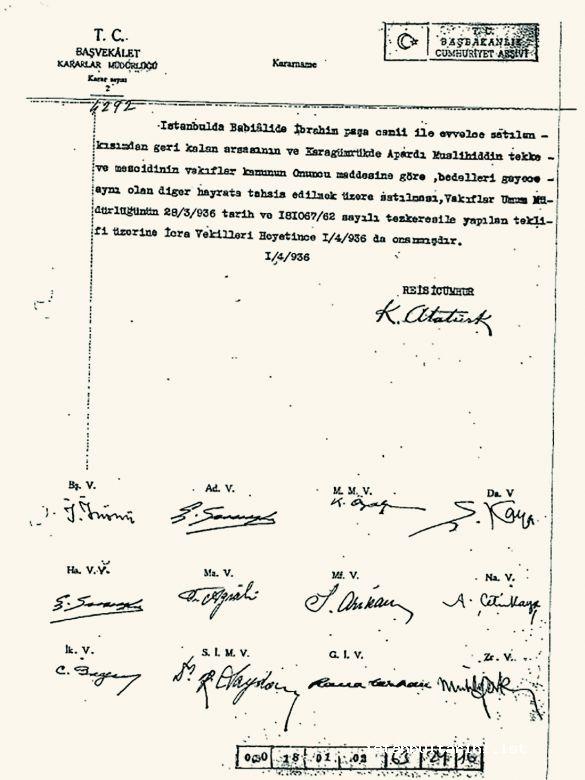 Document 18- The decision of the cabinet about the sale of İbrahim Paşa Mosque and Apardi Muslihiddin Lodge and masjid