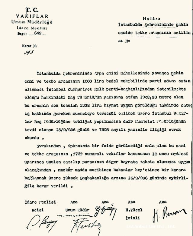 Document 19- The decision of administrative board of the Directorate General of Foundations about the sale of the land of Yavaşça Şahin Mosque and Lodge