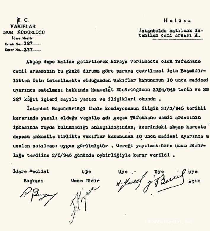 Document 21- The decision of administrative board of the Directorate General of Foundations about the sale of the land of Tüfekhane Mosque