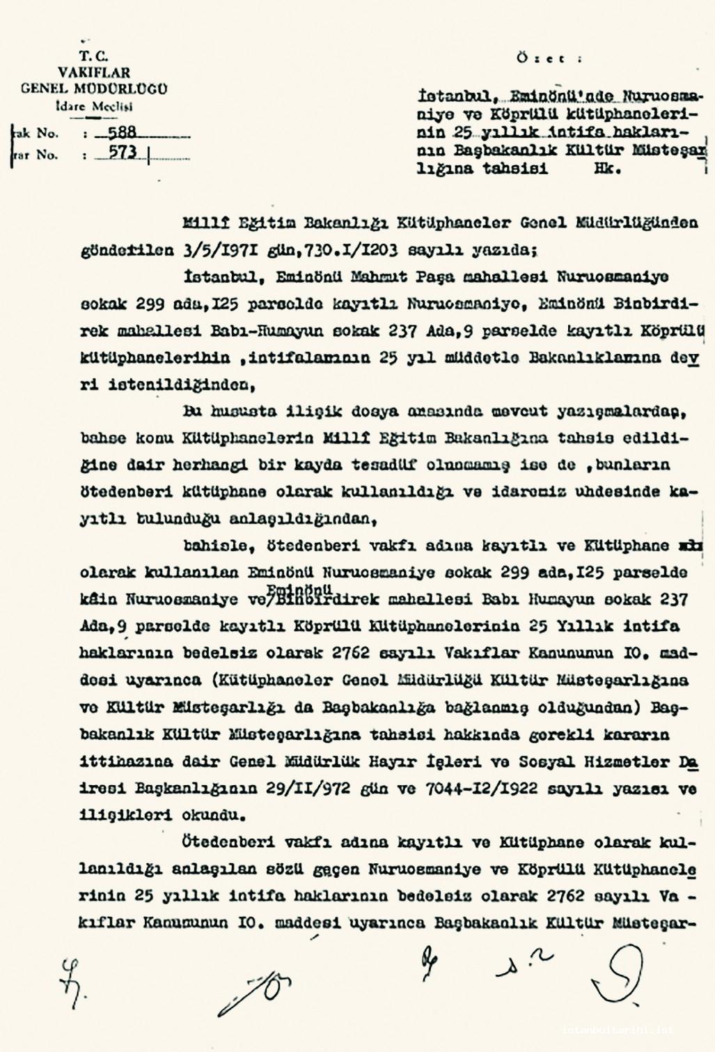 Document 2a- The decision of administrative board of the Directorate General of Foundations about the designation of Nuruosmaniye and Köprülü Libraries
