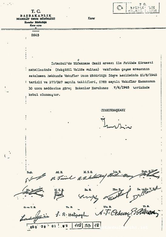 Document 22- The decision of the cabinet about the sale of the land of Tüfekhane Mosque