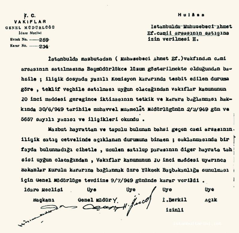 Document 4 - The decision of administrative board of the Directorate General
    of Foundations about the sale of the mosque land belonged to the Accountant
    Ahmed Efendi Foundation