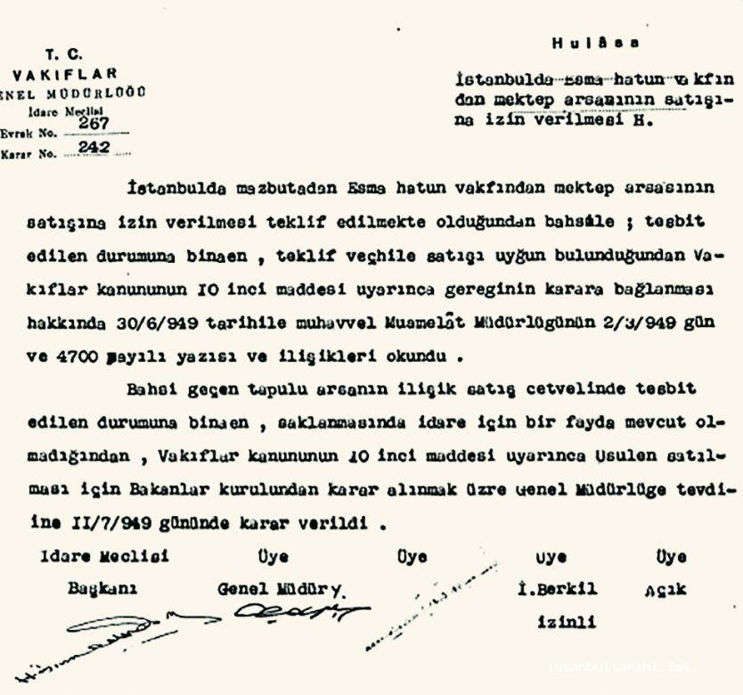 Document 5 - The decision of administrative board of the Directorate General of Foundations about the sale of a school land belonged to Esma Hatun Foundation