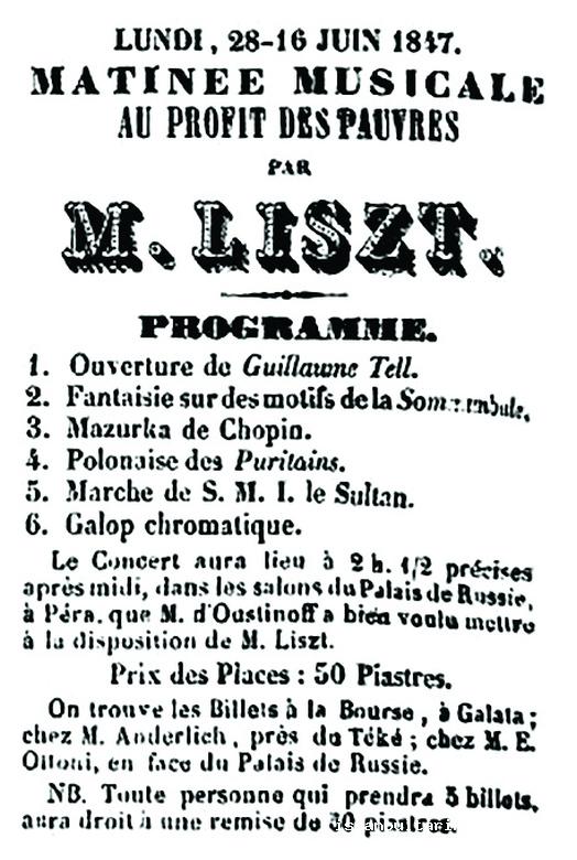 Illustration 1. The program of the
    concert given by famous pianist and
    composer Franz Liszt during his visit
    to Istanbul at the end of June 1847 in
    Russian embassy for the benefit of
    the poor (Ömer Eğercioğlu)