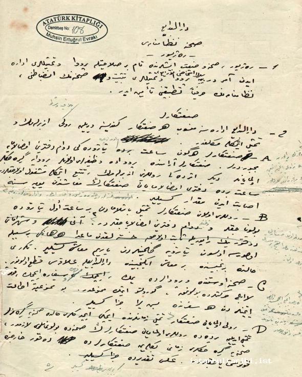 3- Darülbedayi Stage Regulations (in Muhsin Ertuğrul’s handwriting) (Istanbul Metropolitan Municipality, Atatürk Library)