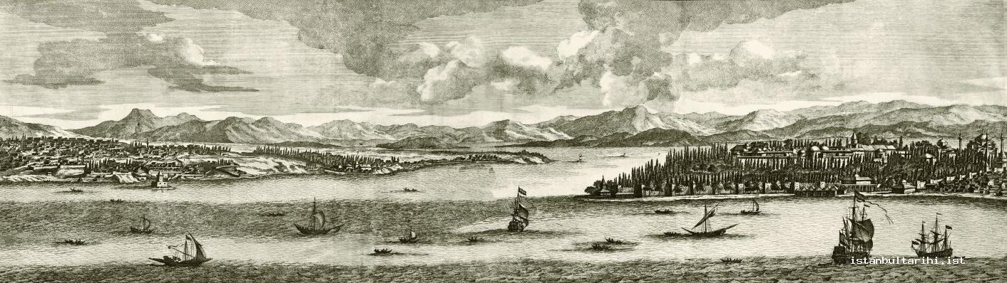 3- Üsküdar and the part of Istanbul within walls in the 17th century. Islands and the shore of the other side of the city are behind them (Bruyn)